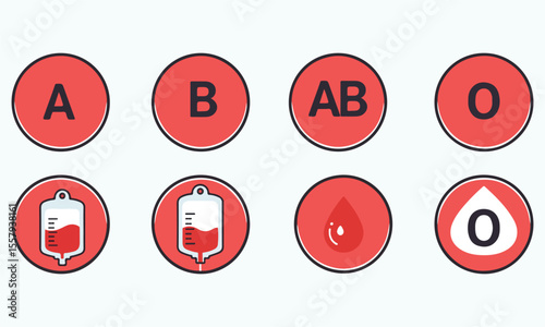 Blood Type Icons A, B, AB, O, Blood Bag, Blood Drop Illustrations