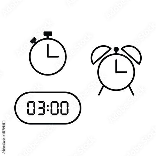 Simple vector illustration of 3 o'clock, timer and 3 o'clock alarm