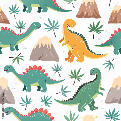  Playful dinosaur seamless vector pattern, cute baby dinos with palm trees and volcanoes, pas