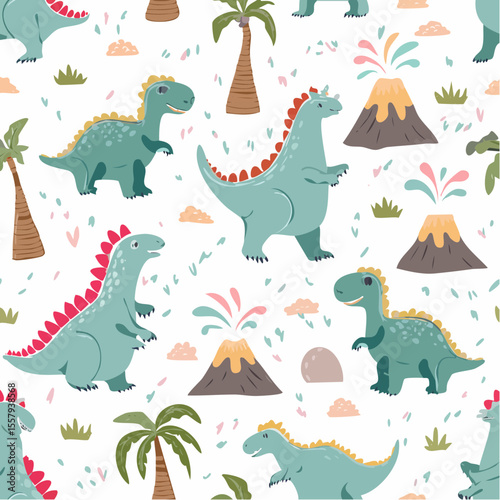  Playful dinosaur seamless vector pattern, cute baby dinos with palm trees and volcanoes, pas