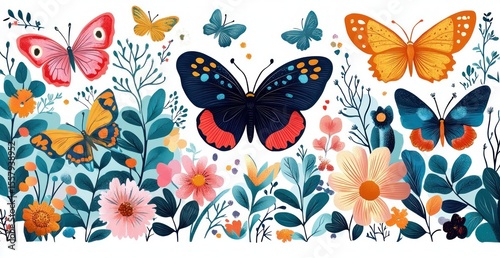 Colorful butterflies fluttering over a variety of blooming flowers and green foliage, evoking a lively and vibrant natural scene