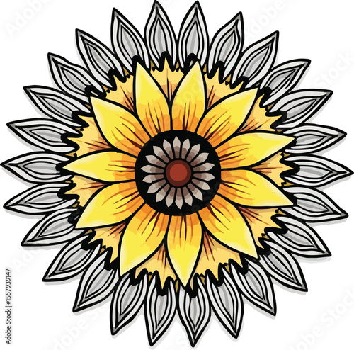 Beautiful detailed sunflower illustration with bright yellow petals and elegant gray accents.