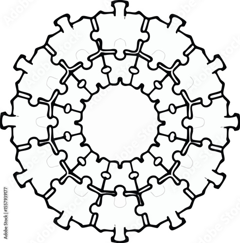 Circular puzzle illustration composed of interlocking pieces forming a unique geometric pattern.