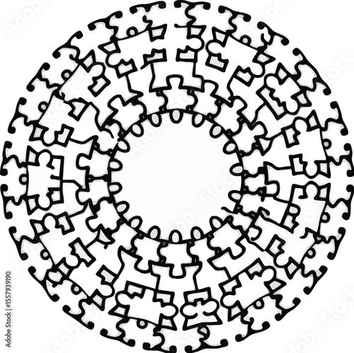Circular puzzle pieces forming a decorative design in black and white conceptual artwork.