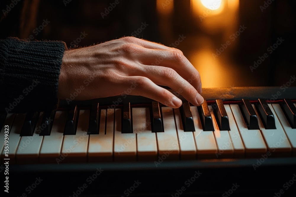 Fototapeta premium Close-up of a hand playing piano keys with warm ambient lighting creating a cozy and focused atmosphere
