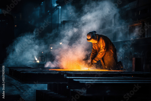 Steel industry worker using grinder with flying sparks in metal fabrication workshop