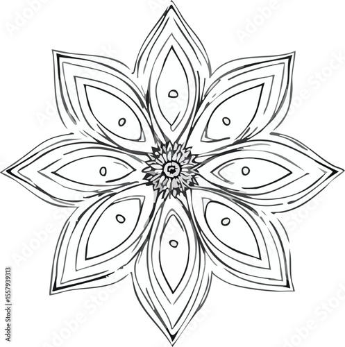Detailed hand drawn black and white floral mandala with layered petals and center detail.