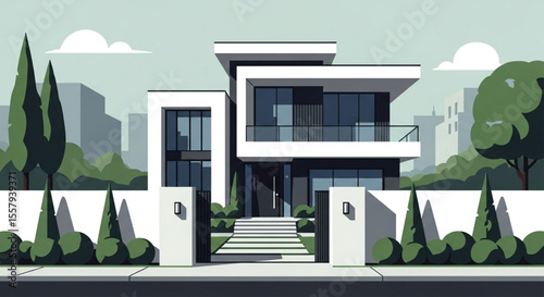 Modern two-story house with flat roof and large windows, surrounded by greenery and a city skyline.