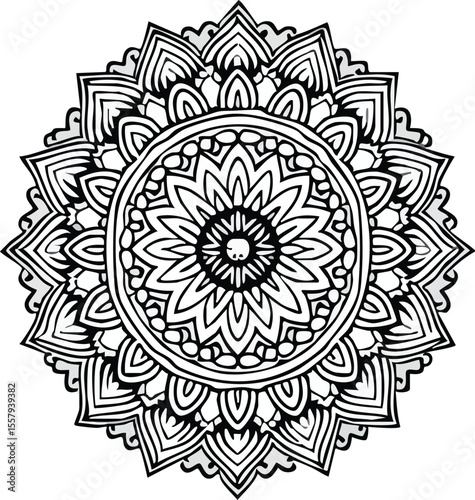 Intricate and decorative mandala design for coloring book pages or spiritual artwork.