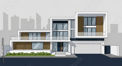 Modern minimalist house design, showcasing clean lines and expansive windows, set against a city backdrop.