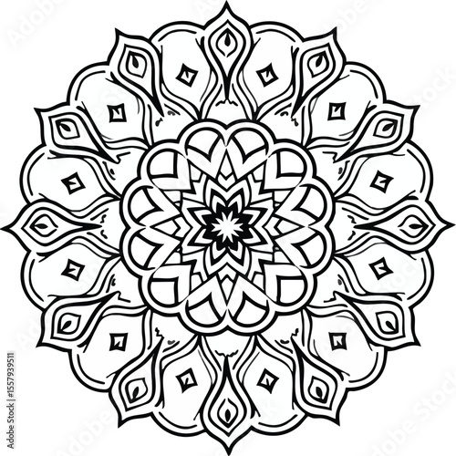 Intricate black and white mandala design featuring detailed floral and geometric patterns.