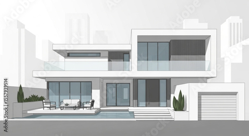 Modern, minimalist two-story house with a pool, patio, and garage, in a city.