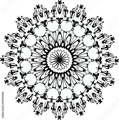 Intricate black and white mandala design with floral and geometric symmetric elements.