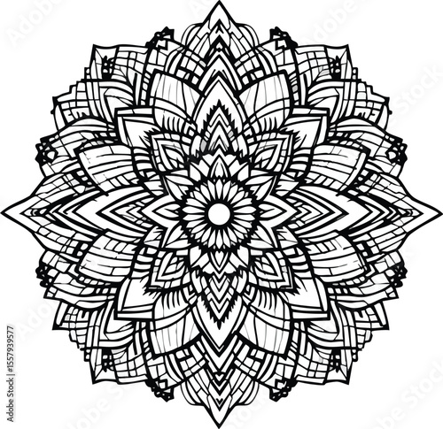 Intricate black and white mandala design with detailed floral and geometric patterns.