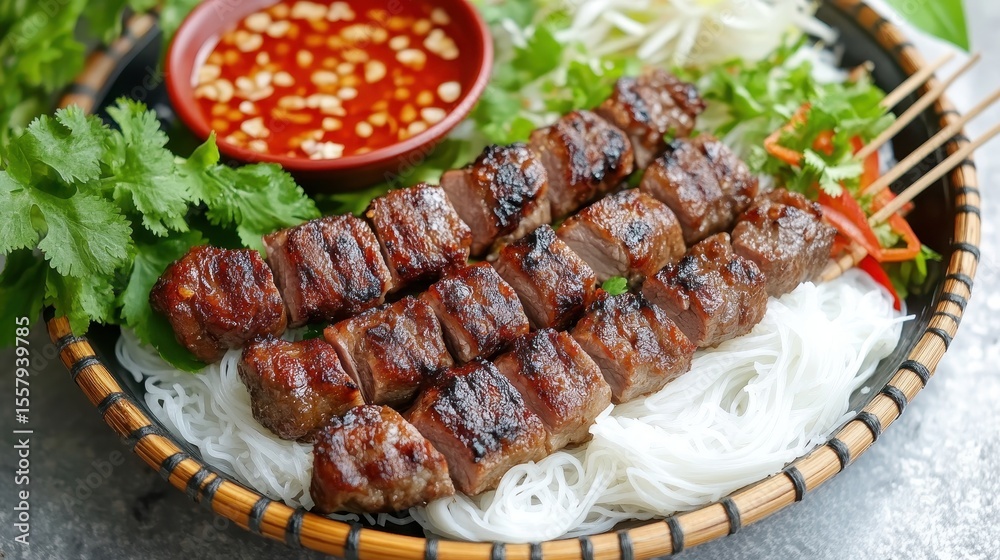 Grilled Beef Skewers Served with Rice Noodles and Spicy Sauce Grilled Beef Skewers Served with Rice Noodles and Spicy Sauce