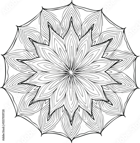 Intricate hand drawn mandala artwork featuring floral design and ornamental elements in black and white.