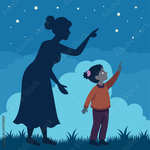 A mother and child gazing at the stars together in the night sky