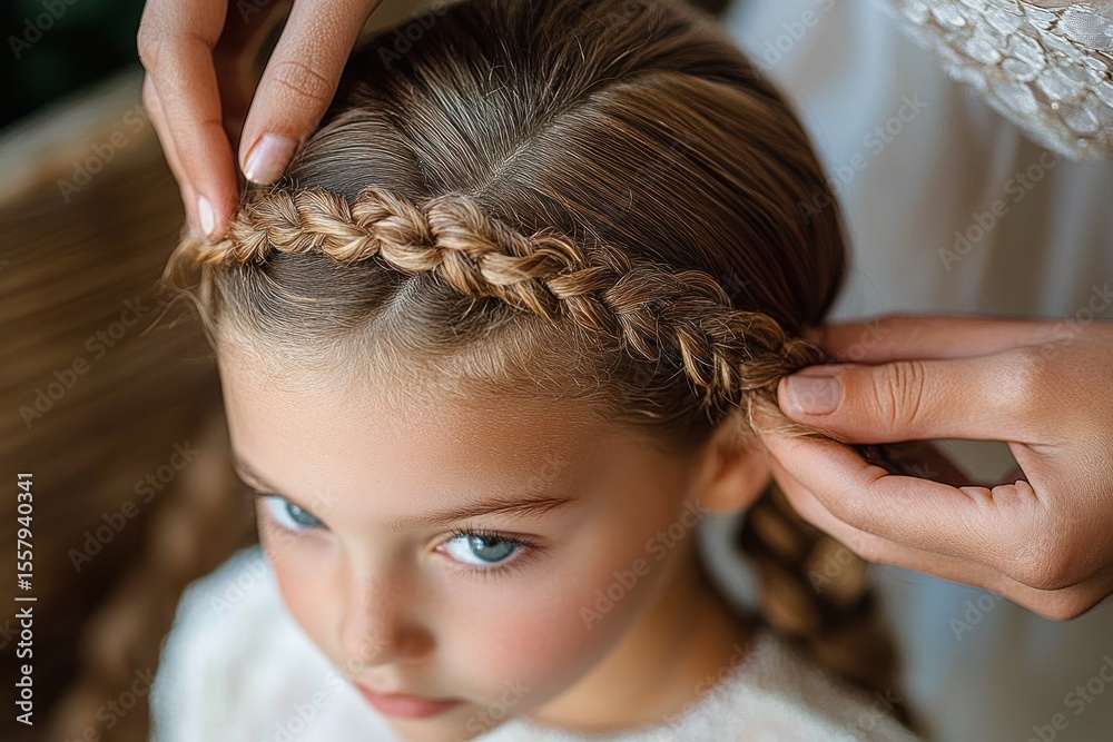 Fototapeta premium Close-up of a young girl with blue eyes having her hair carefully braided by two hands, showing concentration and gentle care