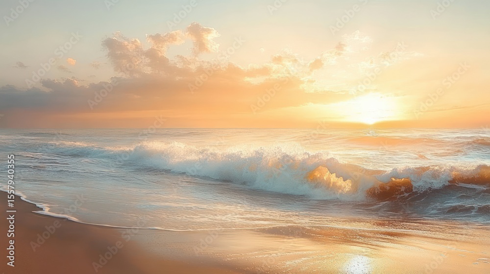 Fototapeta premium Serene sunrise over ocean waves gently crashing onto a sandy beach under a partly cloudy sky