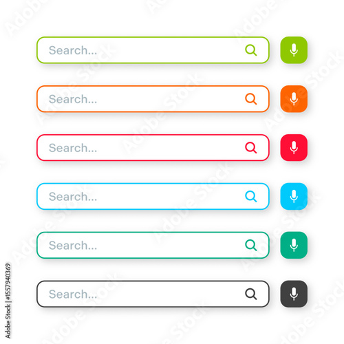 Various search bar templates. Internet browser engine with search box, address bar and text field. UI design, website interface element with web icons and push button. Vector illustration