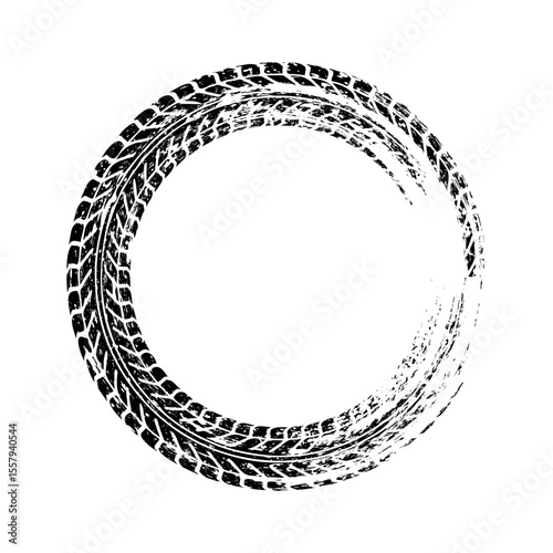 Grunge circle tire track, wheel braking mark. Truck, car or motorcycle tread pattern silhouettes. Auto race, motorsport, speed racing design element. Vector illustration