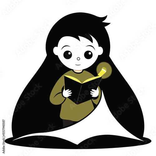 A young person reading a book lit by a luminous light source in black and white