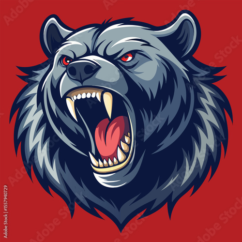 Aggressive bear head mascot illustration with open mouth and snarling expression against red background
