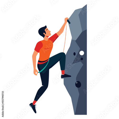 Adventurous male climber ascending rock wall illustration with ropes and safety harness