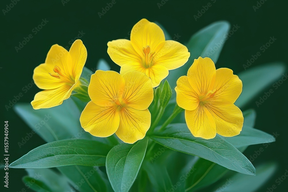 Fototapeta premium Close-up of vibrant yellow flowers with delicate petals and green leaves set against a dark green blurred background
