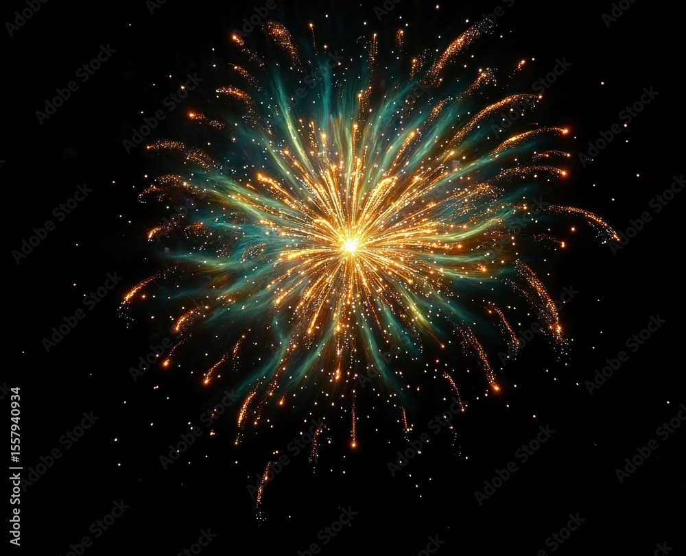 Fototapeta premium Bright golden and teal firework explosion glowing against a pitch black night sky, creating a vibrant burst of light and festive energy