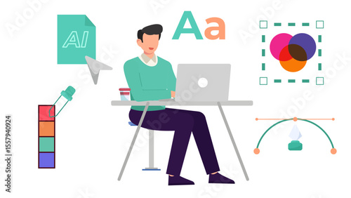 Flat Vector Illustration of Graphic Designer Working on Computer with Pen Tool, Color Picker, and Typography.