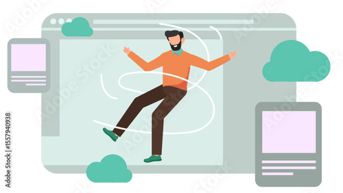 Flat Vector Illustration of Graphic Designer Working on Computer with Pen Tool, Color Picker, and Typography.
