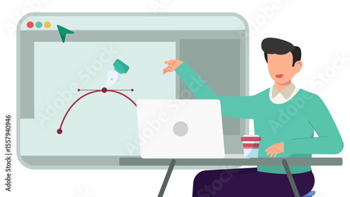Flat Vector Illustration of Graphic Designer Working on Computer with Pen Tool, Color Picker, and Typography.