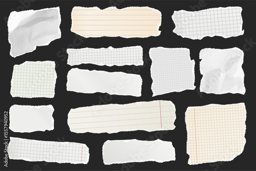 Ripped paper strips. Realistic crumpled paper scraps with torn edges. Shreds of notebook, book or old newspaper pages. Trendy collage elements. Vector illustration