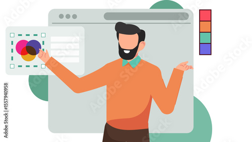 Flat Vector Illustration of Graphic Designer Working on Computer with Pen Tool, Color Picker, and Typography.