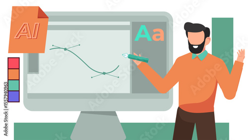 Flat Vector Illustration of Graphic Designer Working on Computer with Pen Tool, Color Picker, and Typography.