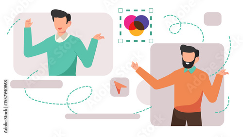 Flat Vector Illustration of Graphic Designer Working on Computer with Pen Tool, Color Picker, and Typography.