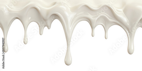 A smooth, flowing cascade of creamy white liquid drips elegantly against a black background, creating a rich and glossy texture that evokes a sense of indulgence.
