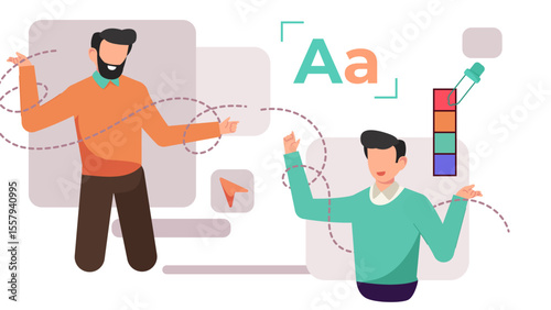 Flat Vector Illustration of Graphic Designer Working on Computer with Pen Tool, Color Picker, and Typography.
