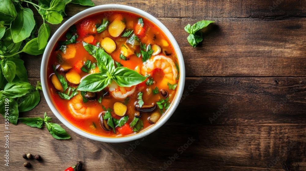 Fresh Shrimp Soup with Vegetables and Basil on Wooden Table Fresh Shrimp Soup with Vegetables and Basil on Wooden Table