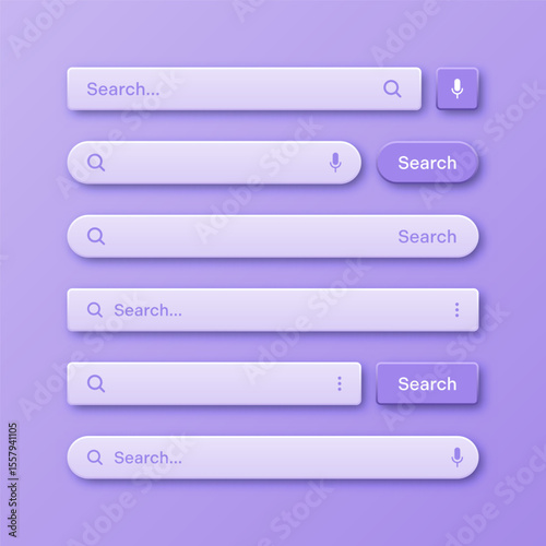 Colorful 3d search bar templates. Internet browser engine with search box, address bar and text field. UI design, website interface element with web icons and push button. Vector illustration