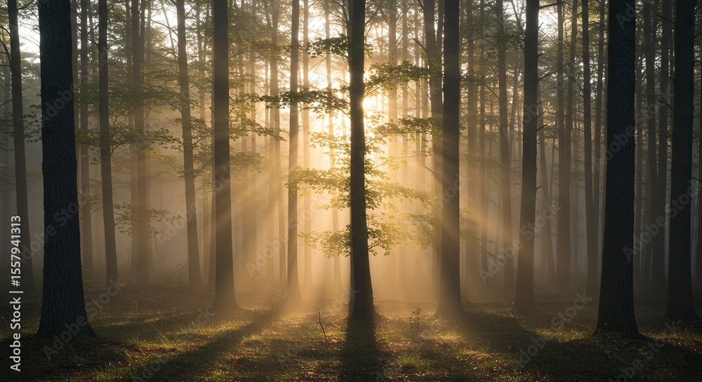 Obraz premium Sunlight streams through a misty forest.