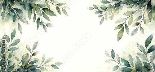 Soft watercolor green leafy branches framing blank light background creating calm and natural atmosphere