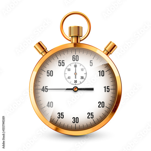 Realistic classic stopwatch. Shiny golden metal chronometer, time counter with dial. Countdown timer showing minutes and seconds. Time measurement for sport, start, finish. Vector illustration