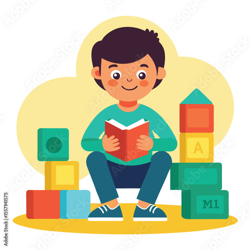 Boy reading book among building blocks simple illustration with isolated white background