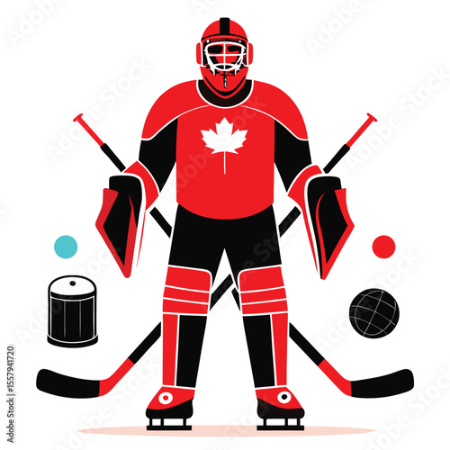 Canadian hockey goalie illustration with maple leaf and hockey equipment in a minimalist style