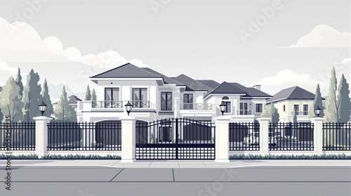 A large, luxurious house with a black iron gate and white pillars stands behind a sidewalk.