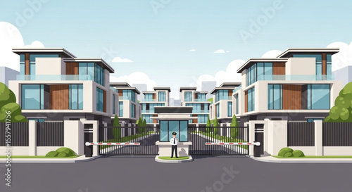 Modern residential complex entrance with security guard,  showing gated community.