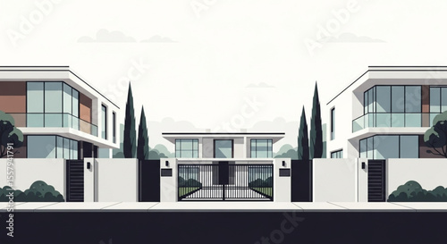 Three modern houses stand behind a wall and gate, framed by trees and bushes in a symmetrical composition.