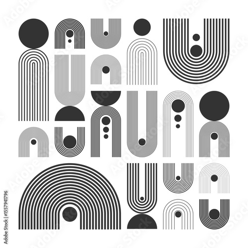 Arch and circle elements, modern geometric shapes. Contemporary design, mid century minimalist art. Trendy design elements for wall decor, posters, books, covers and flyers. Vector illustration